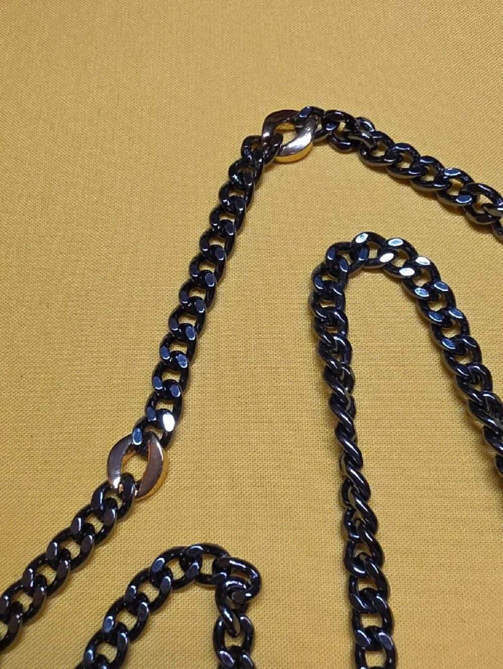 Chunky Black Curb Chain Necklace Gold Crystal Accents 33” Vintage Boutique Heavy